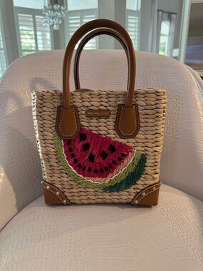 Michael Kors Straw Tote with Pink Watermelon Patch and Brown Leather Trim